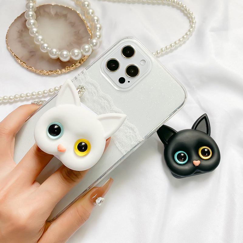 Lunesouri - Support de téléphone chat 3D portable avec miroir de maquillage Chat blanc + yeux bleus dorés