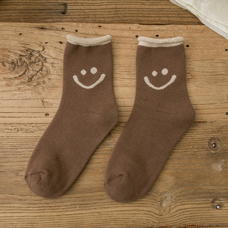 Lunesouri - Chaussettes En Coton Mignonnes Avec Des Visages Souriants (5 PCs) CAFÉ (5 PAIRES)